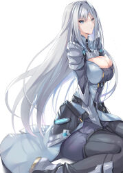 Rule 34 | 1girl, blue eyes, breasts, cleavage, ethel (xenoblade), grey hair, highres, inoue takuya (tactactak), large breasts, long hair, looking at viewer, parted lips, simple background, sitting, solo, white background, xenoblade chronicles (series), xenoblade chronicles 3