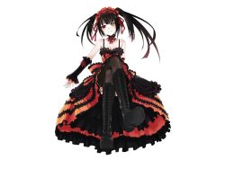Rule 34 | 10s, 1girl, asymmetrical hair, bare shoulders, black hair, black thighhighs, blush, boots, breasts, choker, cleavage, clock eyes, crossed legs, date a live, detached sleeves, dress, female focus, full body, garter straps, hairband, head tilt, highres, legs, lolita fashion, lolita hairband, long hair, looking at viewer, red eyes, ribbon, simple background, sitting, smile, solo, symbol-shaped pupils, thighhighs, tokisaki kurumi, twintails, white background, yellow eyes