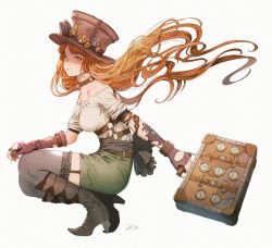 Rule 34 | 1girl, black bow, boots, bow, briefcase, brown hair, choker, floating hair, frilled thighhighs, frills, from side, garter straps, gears, gloves, green skirt, grey eyes, hat, hat bow, high heel boots, high heels, highres, holding, holding briefcase, kuroimori, long hair, looking at viewer, original, parted bangs, partially fingerless gloves, shirt, short sleeves, signature, simple background, skirt, smile, solo, squatting, steampunk, strapless, strapless shirt, thighhighs, top hat, white background, white shirt