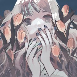 Rule 34 | 1girl, blue background, blue nails, covering own mouth, flower, grey eyes, grey hair, hanio3, highres, leaf, long hair, long sleeves, looking at viewer, nail polish, original, pink flower, pink tulip, plant, shirt, simple background, solo, tulip, white shirt