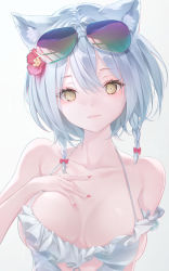 Rule 34 | 1girl, animal ears, bad id, bad pixiv id, braid, breasts, collarbone, eyewear on head, flower, fox ears, fox girl, grey background, hair flower, hair ornament, hand on own chest, highres, large breasts, looking at viewer, lovey (pride of eden), one-piece swimsuit, r (curvy), red: pride of eden, short hair, simple background, solo, sunglasses, swimsuit, upper body, white hair, yellow eyes