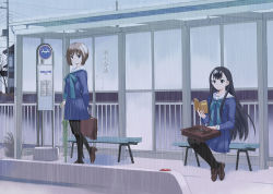 Rule 34 | 2girls, black legwear, bus stop, kazuto izumi, multiple girls, original, pantyhose, rain, school uniform, serafuku