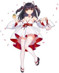 Rule 34 | 1girl, allenes, animal ears, azur lane, bare shoulders, black hair, blush, breasts, cat ears, cat tail, cleavage, collarbone, full body, hair ornament, hair ribbon, holding, japanese clothes, long hair, looking at viewer, medium breasts, official alternate costume, official art, ribbon, sandals, solo, tail, thighhighs, transparent background, two side up, white thighhighs, yellow eyes, yuugure (azur lane), yuugure (evening flower) (azur lane)