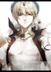 Rule 34 | 1boy, bare pectorals, bare shoulders, blonde hair, earrings, fate/grand order, fate (series), gilgamesh, gilgamesh (caster) (fate), gilgamesh (fate), hair between eyes, jewelry, looking at viewer, male focus, pectorals, red eyes, short hair, simple background, sleeveless, smile, solo, source quote, tanxiacross11, turban