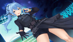 Rule 34 | 1girl, :d, black gloves, black nails, black shorts, blue eyes, blue hair, commentary, feet out of frame, floating hair, gloves, glowstick, hair ribbon, highres, holding, holding microphone, hololive, hoshimachi suisei, hoshimachi suisei (shout in crisis), long hair, microphone, music, night, night sky, official alternate costume, official alternate hairstyle, open hand, open mouth, ponytail, ribbon, short shorts, shorts, sidelocks, singing, single glove, sky, smile, solo, stage, star (sky), star (symbol), star in eye, starry sky, symbol in eye, terry (pixiv3274443), thighs, virtual youtuber, wing hair ornament