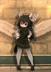 Rule 34 | 10s, 1girl, angel wings, animal ears, antlers, brown hair, commentary request, full body, halo, hands on own hips, horns, kemono friends, kolshica, long hair, long sleeves, moose (kemono friends), moose ears, moose tail, pantyhose, pleated skirt, scarf, shadow, skirt, solo, sweater, tail, vest, wings