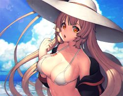 Rule 34 | 1girl, :o, bare shoulders, bikini, black jacket, blue sky, blush, breast tattoo, breasts, brown hair, cleavage, cloud, collarbone, day, girls&#039; frontline, hat, jacket, large breasts, lens flare, liem (zero854), long hair, long sleeves, looking at viewer, m37 (girls&#039; frontline), m37 (summer parader) (girls&#039; frontline), off shoulder, official alternate costume, open clothes, open jacket, open mouth, red eyes, sky, solo, string bikini, sun hat, swimsuit, tattoo, upper body, very long hair, white bikini, white hat