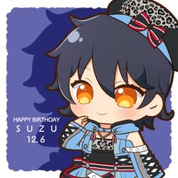 Rule 34 | 1girl, animal print, beret, black hair, black hat, blue background, blue jacket, blue skirt, border, character name, chibi, chii (chi pppuri), closed mouth, commentary request, detached sleeves, drop shadow, hair between eyes, hand up, happy birthday, hat, idol clothes, jacket, jewelry, kiratto pri chan, kurokawa suzu, leopard print, looking at viewer, necklace, orange eyes, outside border, pretty series, short hair, skirt, smile, solo, standing, white border