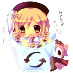 Rule 34 | 10s, 1girl, blonde hair, blush, bucket, charlotte (madoka magica), chibi, chocolat (momoiro piano), drill hair, gloves, hat, in bucket, in container, long sleeves, mahou shoujo madoka magica, mahou shoujo madoka magica (anime), mini person, minigirl, open mouth, pink hair, shirt, skirt, tears, tomoe mami, translation request, trash can, twin drills, twintails, white gloves, yellow eyes