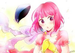 Rule 34 | 1girl, absurdres, arima kana, blush, dress, gloves, hat, highres, idol, open mouth, oshi no ko, petals, pink dress, red eyes, red hair, scarf, signature, surprised, white background, yellow gloves