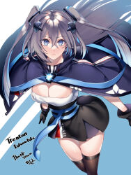 Rule 34 | 1girl, absurdres, arc reactor, azur lane, black dress, black gloves, blue cape, blue eyes, breasts, cape, cleavage, commission, dress, expressionless, gloves, grey hair, hair between eyes, hair ornament, highres, intrepid (azur lane), large breasts, long hair, solo, thighhighs, twintails, yutazou