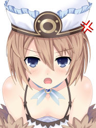 Rule 34 | 1girl, absurdres, angry, bare shoulders, blanc (neptunia), blue eyes, blush, breasts, brown hair, choujigen game neptune, cleavage, collarbone, downblouse, dress, en-sof, fur trim, hair between eyes, hat, highres, looking at viewer, medium hair, neptune (series), no bra, open mouth, simple background, small breasts, solo, spaghetti strap, upper body, white background, white dress