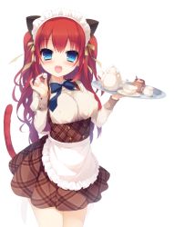 Rule 34 | 1girl, :d, amamine, animal ears, apron, bad id, bad pixiv id, blue bow, blue bowtie, blue eyes, blush, bow, bowtie, breasts, brown shirt, brown skirt, cat ears, cat girl, cat tail, commentary request, cowboy shot, cup, fang, frilled apron, frills, hair between eyes, hair ribbon, high-waist skirt, holding, holding tray, juliet sleeves, large breasts, long hair, long sleeves, looking at viewer, maid headdress, open mouth, original, plaid, plaid skirt, pleated skirt, puffy sleeves, red hair, ribbon, saucer, shirt, simple background, skirt, smile, solo, sugar cube, tail, teacup, teapot, tray, two side up, uniform, very long hair, waist apron, waitress, white apron, white background, yellow ribbon