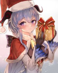 Rule 34 | bell, black gloves, blue hair, blush, bow, breasts, capelet, christmas, detached sleeves, ganyu (genshin impact), genshin impact, gift, gloves, gold trim, hat, highres, holding, holding gift, horns, long hair, looking at viewer, merry christmas, neck bell, purple eyes, red capelet, santa hat, sidelocks, smile, solo, upper body, ura illust, white sleeves