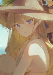 Rule 34 | 1girl, absurdres, bare arms, bare shoulders, bikini, blonde hair, blue archive, blue eyes, blue halo, blush, breasts, closed mouth, day, halo, hat, highres, kji (rozo), long hair, looking at viewer, medium breasts, outdoors, solo, straw hat, swimsuit, toki (blue archive), white bikini