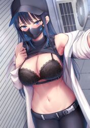 Rule 34 | 1girl, bare shoulders, black bra, blue archive, blue eyes, blue hair, bra, breasts, cleavage, clothes lift, commentary, covered mouth, hat, highres, large breasts, lifted by self, long hair, long sleeves, looking at viewer, mask, melopun, mouth mask, navel, off shoulder, open clothes, pants, saori (blue archive), shirt lift, stomach, underwear