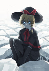 Rule 34 | 1girl, absurdres, black capelet, black gloves, black hat, blonde hair, blue eyes, blush, bow, bowtie, braid, bright pupils, capelet, closed mouth, commentary request, cookie (touhou), crack, cracked floor, elbow gloves, expressionless, flat chest, full body, gloves, hair bow, hat, hat bow, highres, hugging own legs, kirisame marisa, looking at viewer, lsnsn, medium bangs, meguru (cookie), purple bow, red bow, red bowtie, short hair, side braid, single braid, solo, touhou, white background, white pupils, witch hat