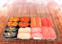 Rule 34 | dated, fish (food), food, food focus, ikura (food), makizushi, nigirizushi, no humans, nori (seaweed), ooranokohaku, original, rice, still life, sushi, uni (food), watermark