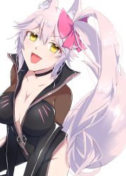 Rule 34 | 1girl, absurdres, animal ear fluff, animal ears, artist request, black bodysuit, blush, bodysuit, breasts, center opening, choker, cleavage, collarbone, fang, fate/grand order, fate (series), fox ears, fox girl, fox tail, hair ribbon, highres, koyanskaya (assassin) (first ascension) (fate), koyanskaya (fate), large breasts, looking at viewer, looking up, open mouth, pink hair, ribbon, ribbon choker, side ponytail, simple background, sitting, solo, tail, tamamo (fate), white background, yellow eyes