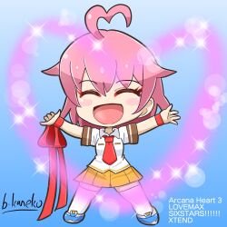 Rule 34 | 1girl, ahoge, aino heart, arcana heart, arms up, artist name, breasts, chibi, happy, heart, heart ahoge, legs, necktie, open mouth, pink hair, school uniform, skirt, small breasts, smile, solo, thighs