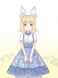 Rule 34 | 1girl, biyon, blonde hair, bloomers, blue skirt, buttons, collared shirt, commentary, cowboy shot, double bun, grey bloomers, hair bun, hair ribbon, haniwa (statue), joutouguu mayumi, looking at viewer, open mouth, ribbon, shirt, short hair, short sleeves, skirt, solo, straight-on, symbol-only commentary, touhou, twitter username, underwear, white ribbon, white shirt, yellow eyes