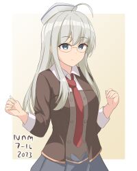 Rule 34 | 1girl, ahoge, ariake (kancolle), ariake (kancolle) (cosplay), blue eyes, brown jacket, collared shirt, cosplay, dated, dixie cup hat, dress shirt, glasses, grey hair, grey skirt, hat, heywood l. edwards (kancolle), highres, jacket, kantai collection, looking at viewer, military hat, name connection, necktie, nnm, one-hour drawing challenge, red necktie, shirt, skirt, solo, white hat, white shirt