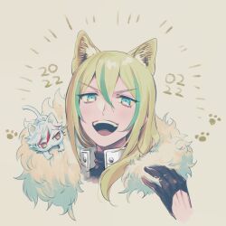 Rule 34 | 1boy, :d, animal ear fluff, animal ears, animalization, black gloves, blonde hair, cat, cat ears, commentary request, cropped shoulders, fur-trimmed jacket, fur trim, gloves, green eyes, green hair, grey background, hair between eyes, hand up, high collar, highres, idol land pripara, jacket, kemonomimi mode, long hair, looking at viewer, male focus, multicolored hair, ooedo shinya, open mouth, oshiri (o4ritarou), pretty series, pripara, smile, streaked hair, upper body, ushimitsu (pripara), v-shaped eyebrows