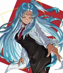 Rule 34 | 1girl, angela (project moon), black skirt, black vest, blue hair, closed eyes, closed mouth, coat, collared shirt, lobotomy corporation, long hair, long sleeves, medu (rubish), necktie, one side up, parted bangs, project moon, red necktie, shirt, sidelocks, skirt, solo, very long hair, vest, white coat, white shirt