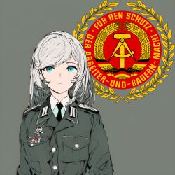 Rule 34 | 1girl, akatsuki (pixiv88284413), black necktie, blue eyes, buttons, east german, grey background, grey jacket, jacket, long hair, long sleeves, looking at viewer, military, military uniform, necktie, original, parted lips, pocket, ribbon bar, simple background, solo, uniform, upper body