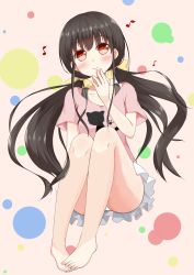Rule 34 | 1girl, barefoot, black hair, blush, chaa (korone-ze), feet, legs, long hair, long legs, musical note, original, red eyes, skirt, smile, solo, thighs, toes, twintails