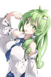 Rule 34 | 1girl, :p, absurdres, antenna hair, blue necktie, blue skirt, blush, breasts, collared shirt, colored eyelashes, darjeeling (reley), detached sleeves, frog hair ornament, green eyes, green hair, hair between eyes, hair ornament, hair tubes, hairclip, highres, kochiya sanae, large breasts, long hair, necktie, nontraditional miko, shirt, skirt, sleeveless, sleeveless shirt, snake hair ornament, solo, tongue, tongue out, touhou, white background, white shirt, wide sleeves