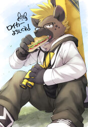 Rule 34 | 1boy, binoculars, brown pants, claws, commentary request, doodle inset, eating, fang, food, furry, furry male, glasses, highres, holding, holding binoculars, holding food, hood, hooded jacket, hyena boy, hyena ears, hyena tail, jacket, kinoshita jiroh, live a hero, looking at viewer, male focus, on grass, on ground, open mouth, pants, roiker (live a hero), sitting, star (symbol), translation request, white jacket