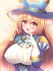 Rule 34 | 1girl, akiyama neo, animal ears, blush, breasts, brown eyes, brown hair, commentary request, gloves, hair between eyes, hair ornament, hat, heavy breathing, highres, horse ears, horse girl, large breasts, looking at viewer, ribbon, satono diamond (umamusume), simple background, solo, tongue, tongue out, umamusume