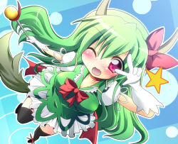Rule 34 | 1girl, adapted costume, alternate costume, blush, breasts, elbow gloves, ex-keine, female focus, from above, geo (yukishitadou), gloves, green hair, horn ornament, horn ribbon, horns, kamishirasawa keine, long hair, magical girl, one eye closed, red eyes, ribbon, solo, staff, thighhighs, touhou, v over eye