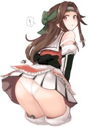 Rule 34 | !, 3girls, ass, bare shoulders, blush, brown eyes, brown hair, commentary request, cropped legs, detached sleeves, elbow gloves, fairy (kancolle), female admiral (kancolle), forehead protector, gloves, hair intakes, half updo, jintsuu (kancolle), jintsuu kai ni (kancolle), kantai collection, long hair, looking at another, looking back, multiple girls, open mouth, panties, pleated skirt, sendai (kancolle), skirt, speech bubble, spoken exclamation mark, thighhighs, thighs, underwear, utopia, white background, white panties