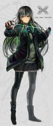 Rule 34 | 1girl, black footwear, black hair, black skirt, black thighhighs, boots, closed mouth, commentary request, full body, green eyes, green hair, green jacket, grey background, hands up, inabi, jacket, long hair, long sleeves, looking at viewer, open clothes, open jacket, original, pleated skirt, skirt, smile, solo, standing, thighhighs