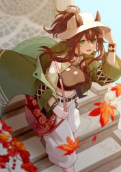 Rule 34 | 1girl, absurdres, animal ears, arknights, autumn leaves, bag, belt, black belt, black choker, black shirt, choker, commentary, cow ears, cropped shirt, ears through headwear, flower, green eyes, green jacket, hair between eyes, hair flower, hair ornament, hair through headwear, hand on headwear, handbag, hat, highres, jacket, leaf, long hair, looking at viewer, maple leaf, meteor (arknights), meteor (bard&#039;s holiday) (arknights), midriff, miike (992058), navel, off shoulder, official alternate costume, open clothes, open jacket, open mouth, outdoors, pants, ponytail, red bag, shirt, solo, stairs, sun hat, walking, white hat, white pants, wristband