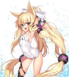 Rule 34 | 1girl, animal ears, arched back, armpits, arms behind head, blonde hair, blush, braid, breasts, collarbone, covered navel, ehart, fang, fox ears, g41 (beach punk 2064) (girls&#039; frontline), g41 (girls&#039; frontline), girls&#039; frontline, hair between eyes, hair ornament, hair ribbon, heterochromia, long hair, looking at viewer, low-tied long hair, official alternate costume, one-piece swimsuit, open mouth, ponytail, ribbon, school swimsuit, shiny skin, side braid, sideboob, simple background, small breasts, solo, standing, swimsuit, twintails, very long hair, white one-piece swimsuit