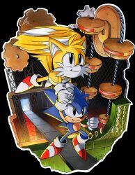 Rule 34 | conveyor belt, finik, flying, furry, furry male, gears, gloves, highres, motion blur, outline, ring (sonic), shoes, sonic (series), sonic the hedgehog, sonic the hedgehog (classic), sonic the hedgehog 2, tails (sonic), white gloves, white outline