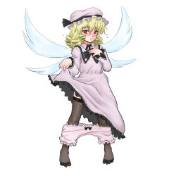Rule 34 | 1girl, blonde hair, bloomers, bloomers pull, clothes lift, dress, dress lift, drill hair, eastern and little nature deity, feet, female focus, full body, hat, highres, kuro suto sukii, luna child, red eyes, short hair, simple background, solo, standing, thighhighs, touhou, touhou sangetsusei, underwear, white background, wings