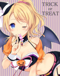 Rule 34 | 10s, 1girl, ;), ayase eli, blonde hair, blue eyes, breasts, candy, cleavage, demon wings, detached sleeves, english text, food, garter straps, gatakenjin, halloween, halterneck, halterneck, hat, large breasts, leaning forward, love live!, love live! school idol festival, love live! school idol project, microskirt, mini hat, mini witch hat, navel, one eye closed, ponytail, skirt, smile, solo, striped, striped background, trick or treat, vertical stripes, wings, witch hat