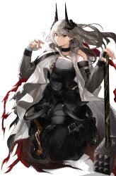 1girl absurdres arknights bare_shoulders black_choker black_horns breasts choker commentary demon_horns earrings eyelashes fingerless_gloves gloves grey_hair hair_ornament hammer highres holding holding_hammer horns jewelry large_breasts long_hair looking_at_viewer mudrock_(arknights) pointy_ears red_eyes sidelighting simple_background sledgehammer solo war_hammer weapon white_background yuki_flourish