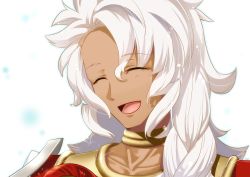 Rule 34 | 1boy, braid, dark skin, dark-skinned male, closed eyes, fate/grand order, fate (series), long hair, male focus, open mouth, reito6, smile, solo, solomon (fate), spoilers, upper body, white background, white hair