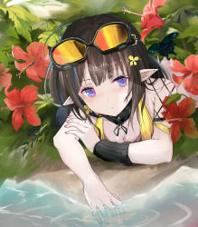 Rule 34 | 1girl, absurdres, arknights, bare arms, bare shoulders, black hair, breasts, bug, butterfly, cleavage, commentary request, eunectes (arknights), flower, goggles, goggles on head, hibiscus, highres, insect, kaminarichyan, looking at viewer, nail polish, partial commentary, pink nails, pointy ears, purple eyes, red flower, solo, water