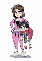 Rule 34 | 1boy, 1girl, animification, black hair, black shirt, blue eyes, brown hair, cape, child, dc comics, frown, hand on own hip, highres, hokkemaruyaki, jacket, jonathan kent, lifting person, lois lane, mother and son, navel, pants, purple eyes, purple jacket, red cape, shirt, simple background, superman (series), sweatpants, torn clothes, torn pants, white background