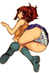 Rule 34 | 1girl, ass, ass focus, breasts, brown eyes, brown hair, highres, large breasts, leopard (artist), lying, matching hair/eyes, on side, open mouth, panties, ponytail, shoes, short hair, simple background, skirt, solo, striped clothes, striped panties, sweater vest, thighs, tongue, underwear, white background