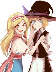 Rule 34 | 2girls, alice margatroid, alice margatroid (cosplay), aqua eyes, blonde hair, braid, capelet, cosplay, costume switch, fang, hand on another&#039;s cheek, hand on another&#039;s face, hat, interlocked fingers, kirisame marisa, kirisame marisa (cosplay), long hair, multiple girls, necktie, necro (nekurodayo), red eyes, short hair, short sleeves, side braid, smile, touhou, witch hat, yuri