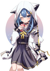 Rule 34 | 1girl, absurdres, belt, black choker, blue dress, blue eyes, blue hair, blue nails, blue sailor collar, blush, bow, bowtie, choker, dress, drink, drinking straw, drinking straw in mouth, grey belt, highres, holding, holding drink, hololive, hood, hood down, hooded jacket, hoshimachi suisei, hoshimachi suisei (school uniform), jacket, juice box, long hair, long sleeves, looking at viewer, madara jya, nail polish, one eye closed, open clothes, open jacket, parted lips, pleated dress, sailor collar, solo, star (symbol), star in eye, symbol in eye, virtual youtuber, white jacket, yellow bow, yellow bowtie