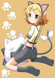 Rule 34 | 1girl, animal ears, animal hands, blonde hair, blush, cat ears, cat paws, cat tail, green eyes, kagamine rin, kneeling, minami (colorful palette), pillow, project diva, project diva (series), ribbon, solo, tail, tail ornament, tail ribbon, vocaloid, yowaneko