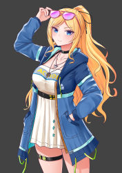 Rule 34 | 1girl, absurdres, azur lane, bad id, bad pixiv id, black choker, blonde hair, blue eyes, blue jacket, breasts, chaser (azur lane), chaser (gamer style) (azur lane), choker, clothes writing, dress, eyewear on head, grey background, hand in pocket, highres, hood, hood down, hooded jacket, jacket, large breasts, looking at viewer, official alternate costume, open clothes, open jacket, pink-tinted eyewear, shiromashiro97, short dress, simple background, solo, standing, thigh strap, tinted eyewear, white dress